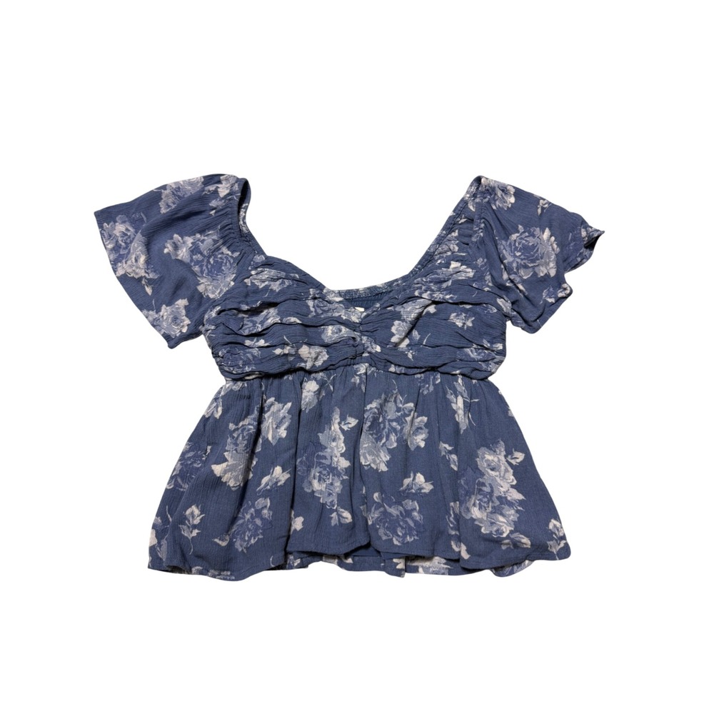 Hollister Blue Floral Smocked Babydoll Top Flutter Sleeve Peplum Small Coquette